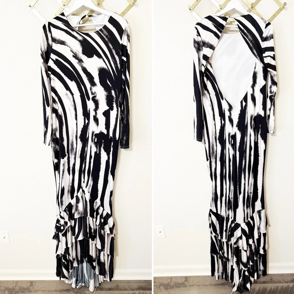 NEW Retrofete Sara Dress in Zebra Ink Open Back Ruffle Mermaid Hem Maxi Gown - Picture 12 of 14